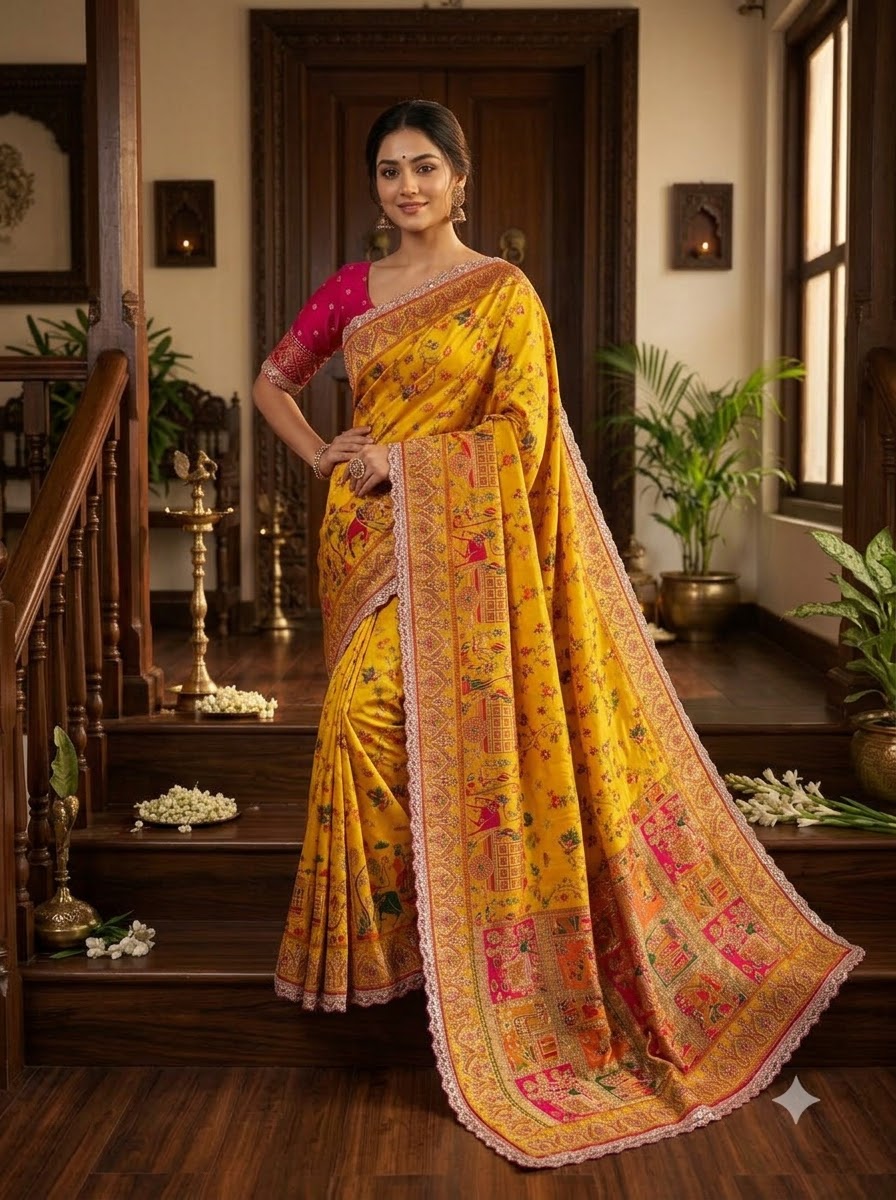 Rajwadi Noor Pashmina Silk Saree with Kashmiri Thread Weaving &amp; Heavy Zari Border (Copy)