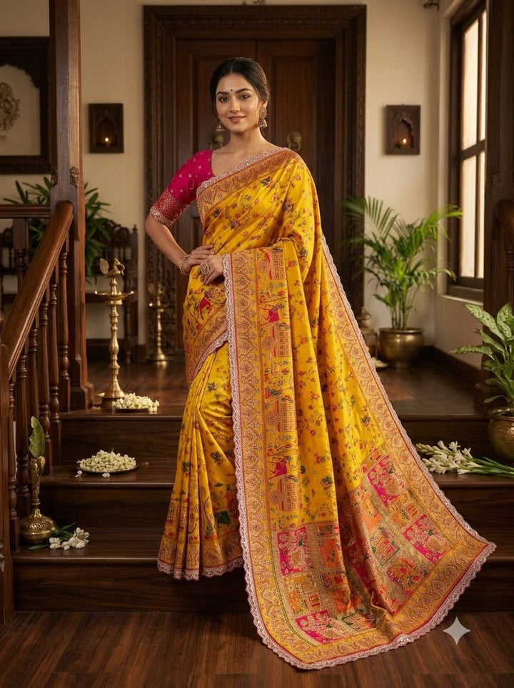 Rajwadi Noor Pashmina Silk Saree with Kashmiri Thread Weaving &amp; Heavy Zari Border (Copy)