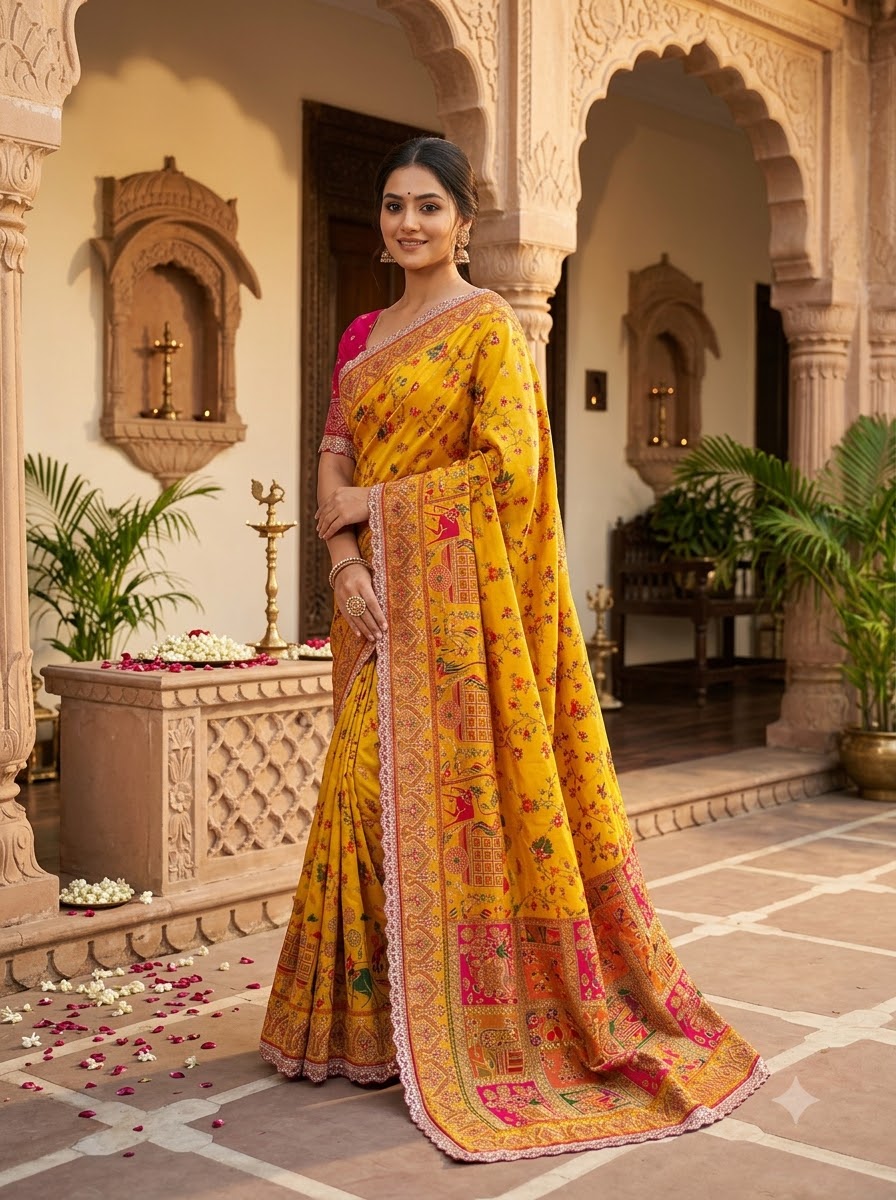 Rajwadi Noor Pashmina Silk Saree with Kashmiri Thread Weaving &amp; Heavy Zari Border (Copy)