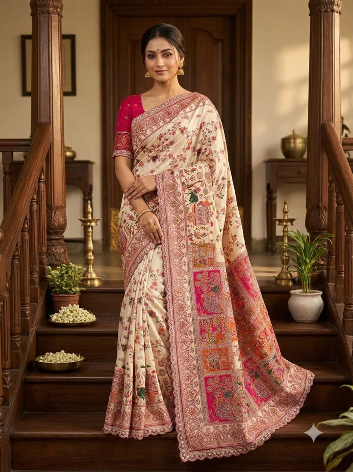 Rajwadi Noor Pashmina Silk Saree with Kashmiri Thread Weaving &amp; Heavy Zari Border (Copy) (Copy)