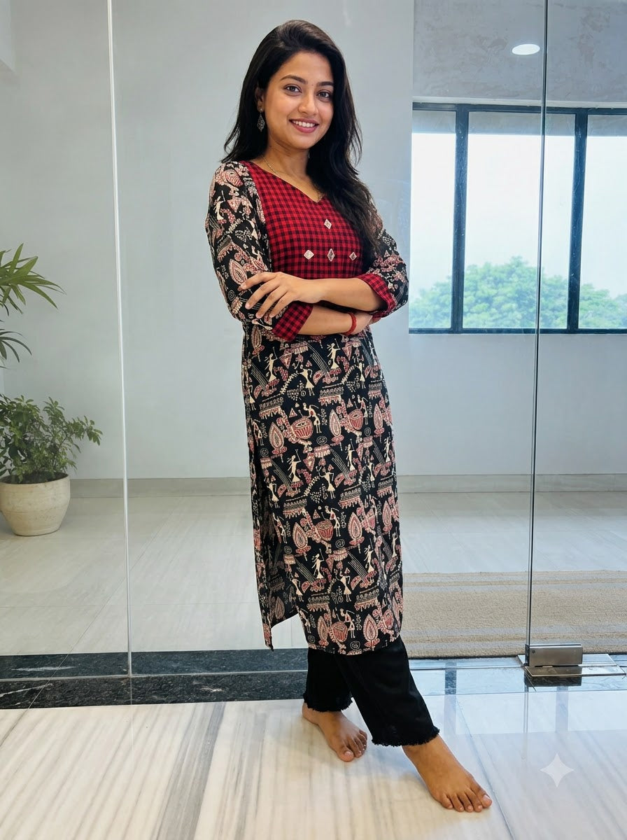 Red Check Heritage Kurti.-Kurti(Only Kurti)
