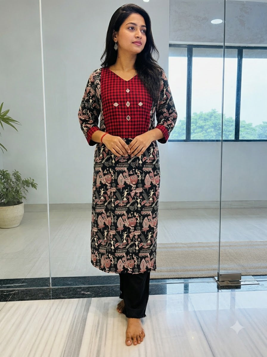 Red Check Heritage Kurti.-Kurti(Only Kurti)