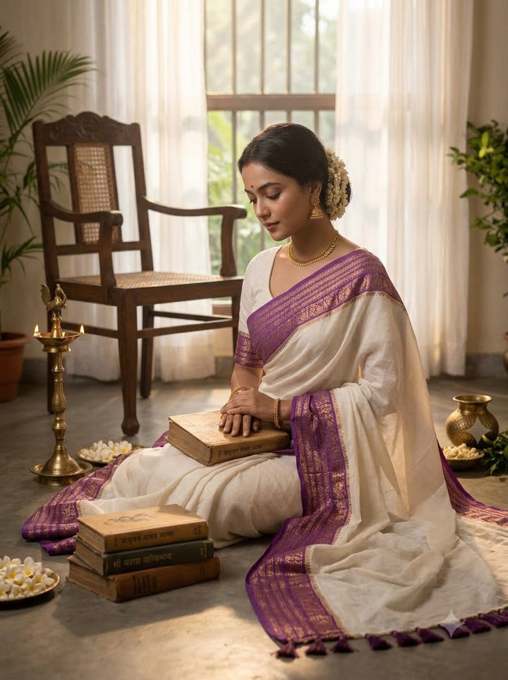 Mahalaya Pure Mul Cotton Saree with Zari Woven Border ✨
