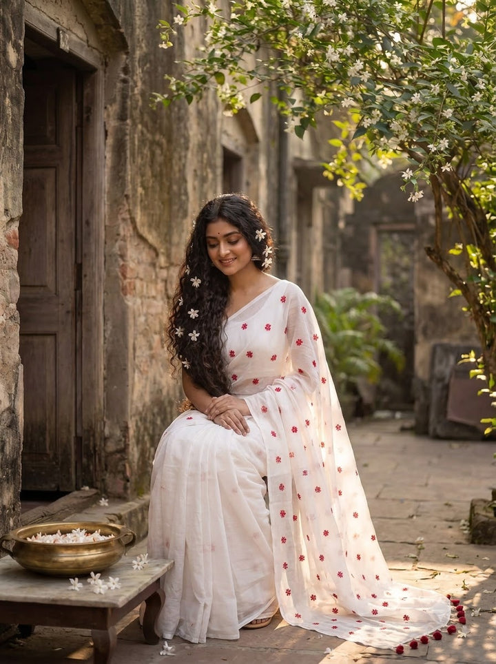 Kheya - Shiuli(Jasmine) Embroidered Khadi Saree