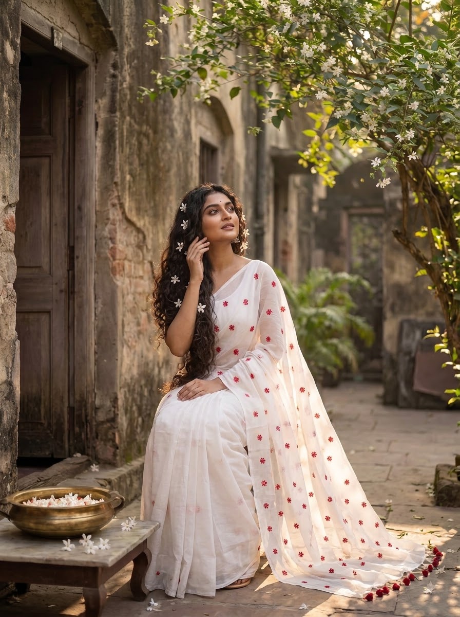 Kheya - Shiuli(Jasmine) Embroidered Khadi Saree
