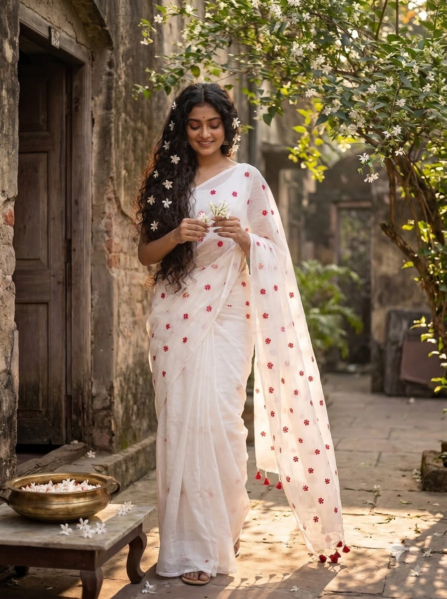 Kheya - Shiuli(Jasmine) Embroidered Khadi Saree