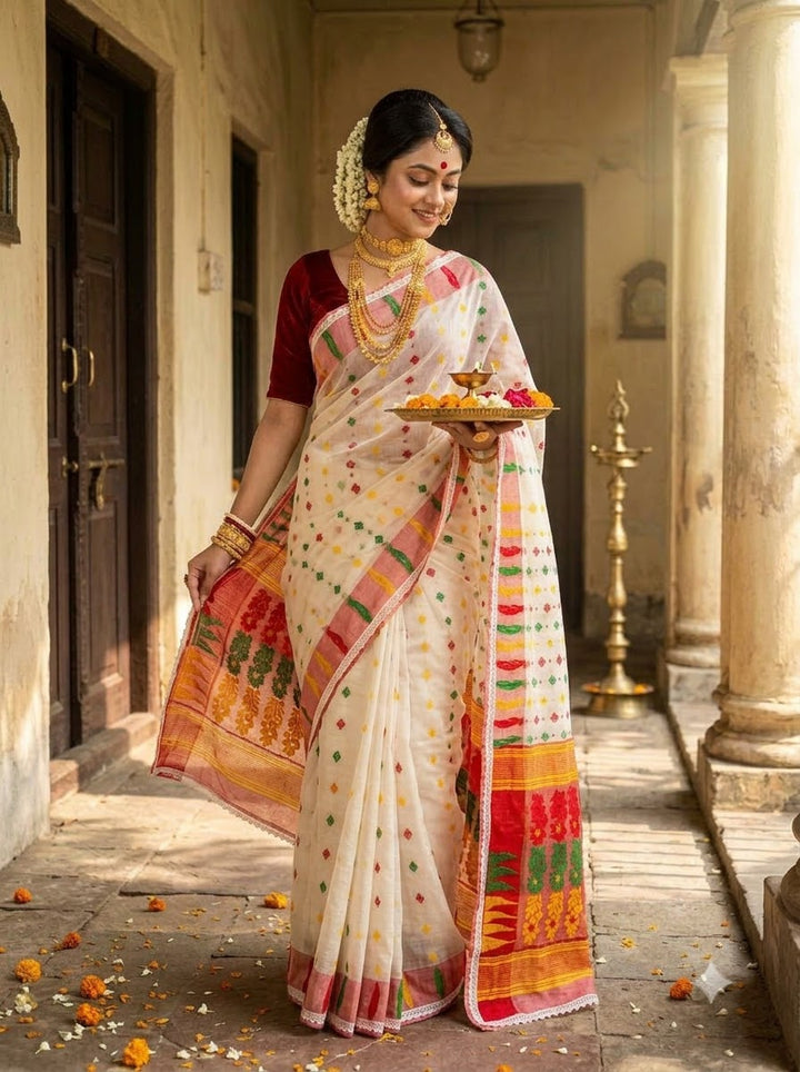 Binodini Bengal Jamdani Saree (White, Red Border)