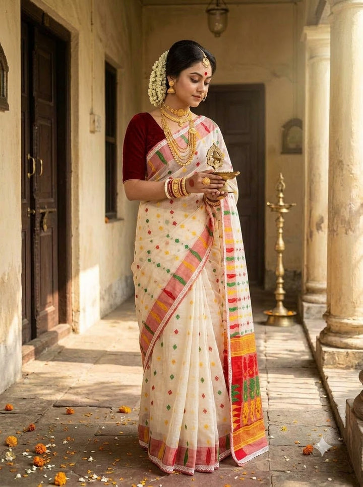 Binodini Bengal Jamdani Saree (White, Red Border)
