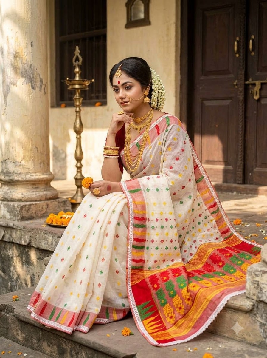 Binodini Bengal Jamdani Saree (White, Red Border)