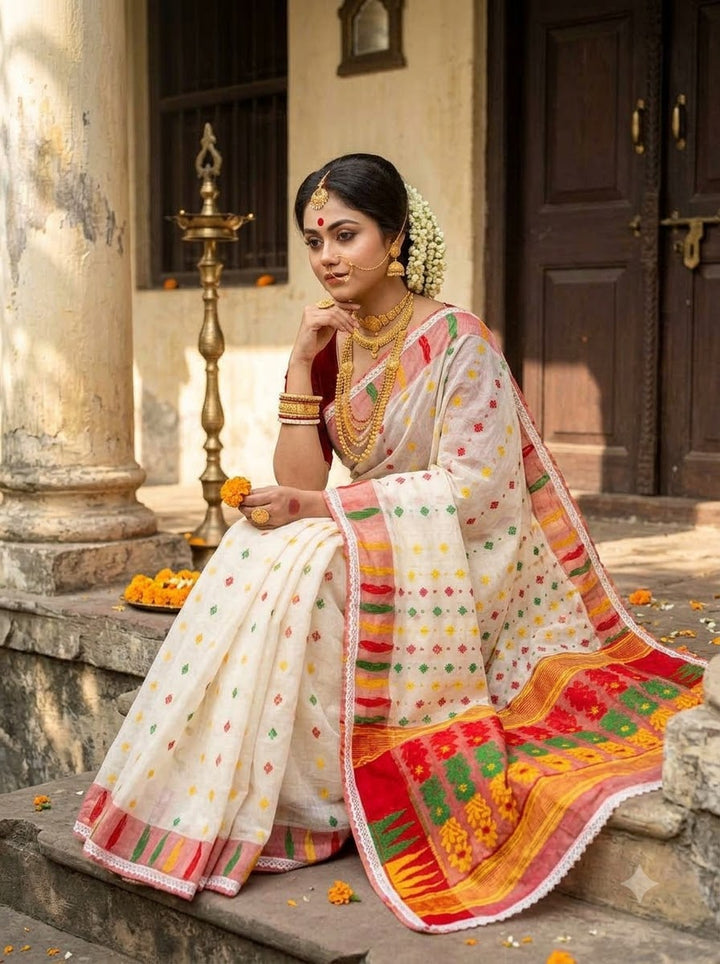 Binodini Bengal Jamdani Saree (White, Red Border)