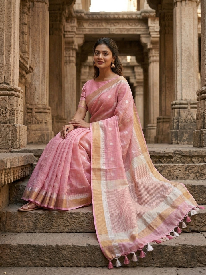 Pearl Weave Tissue Linen Saree (Pink)