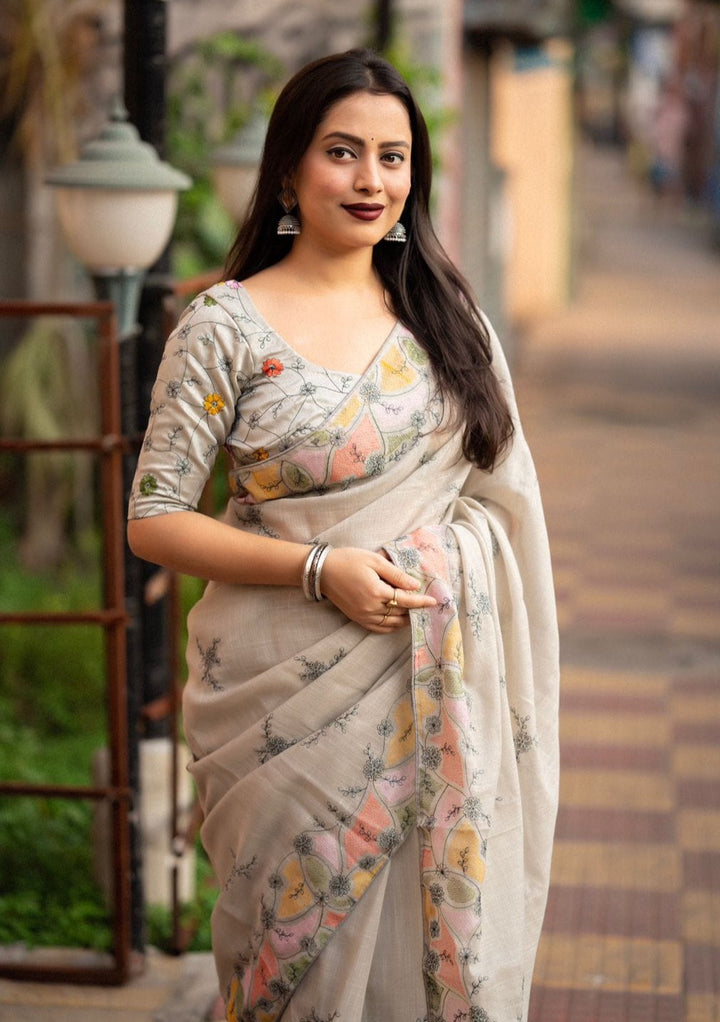 Modest Gray Linen Saree