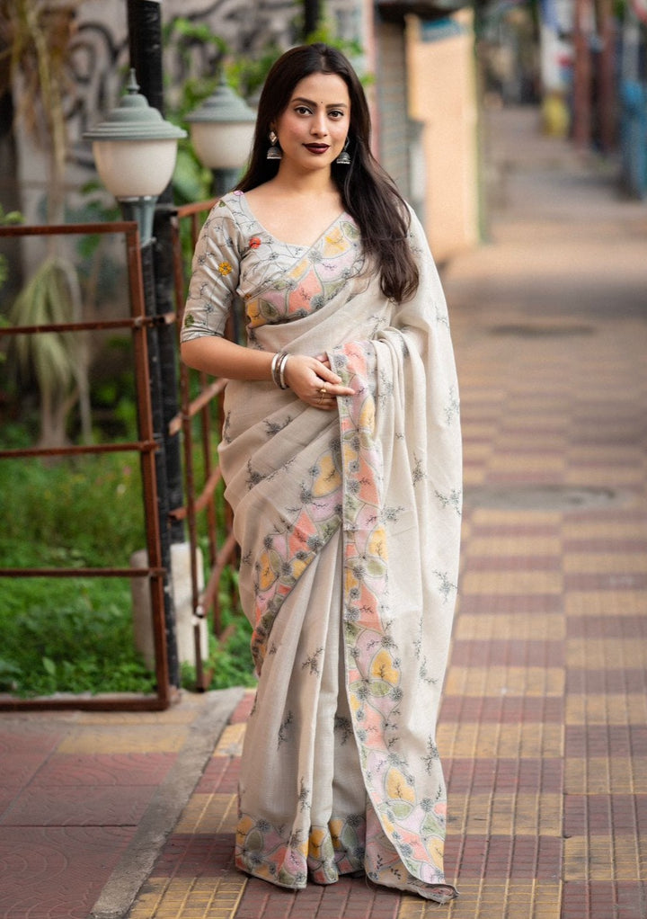 Modest Gray Linen Saree