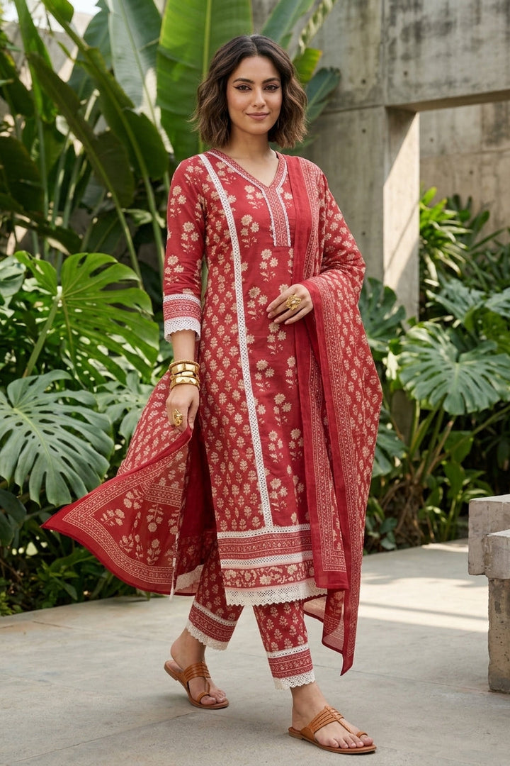 Ethniq Edge Cotton Kurti Set(Red)