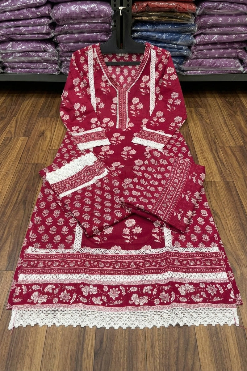 Ethniq Edge Cotton Kurti Set(Red)