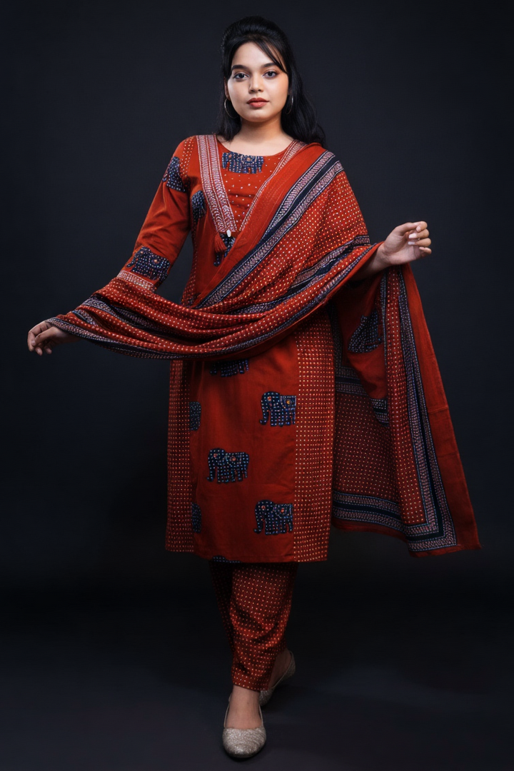 Prints Of Elephant-Cotton Kurti Set