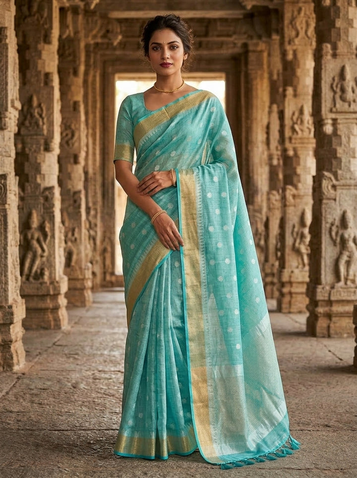 Pearl Weave Tissue Linen Saree (Blue)