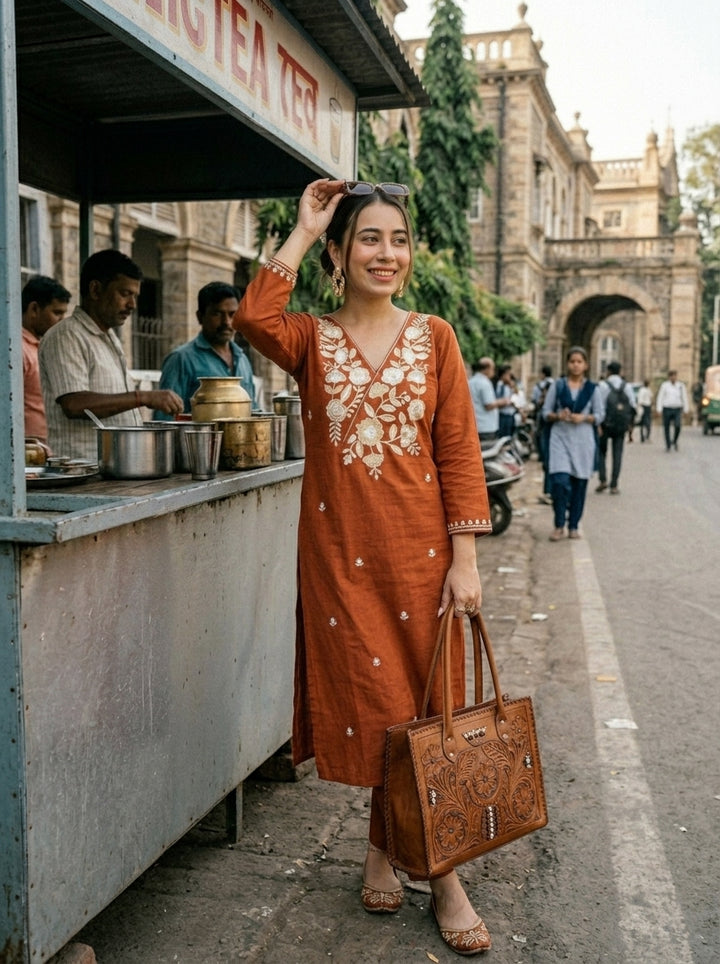 Keshariya Bloom Kurti Set (Rust)