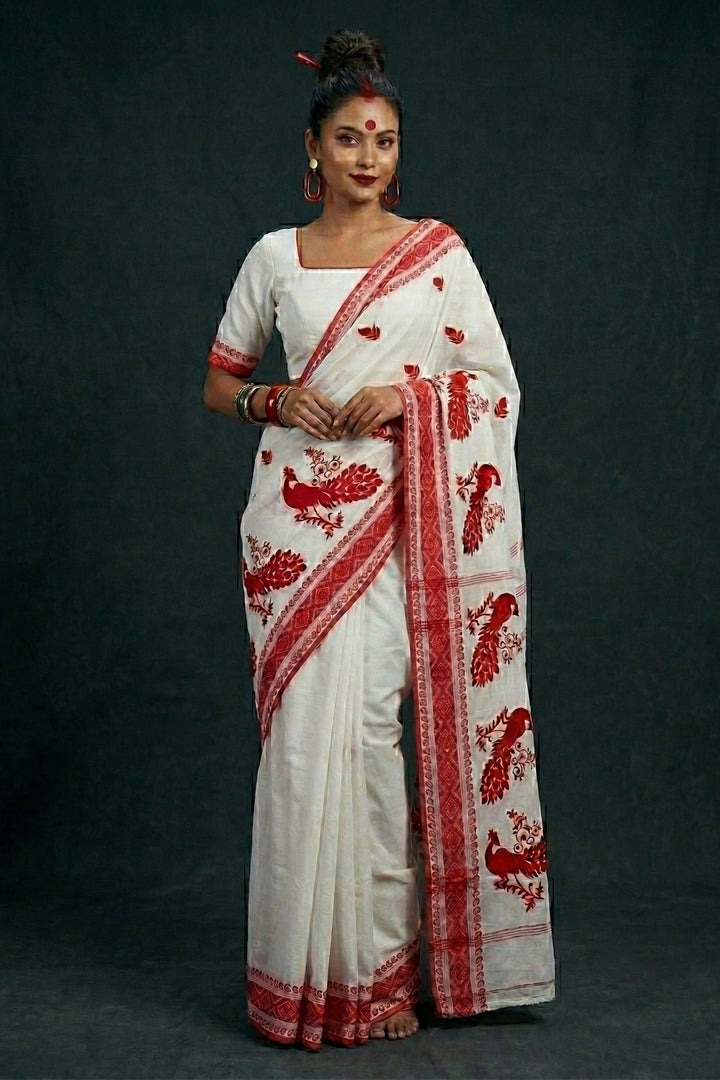 Ashtami Tangail Tant Cotton Saree(Peacock Embroidery)
