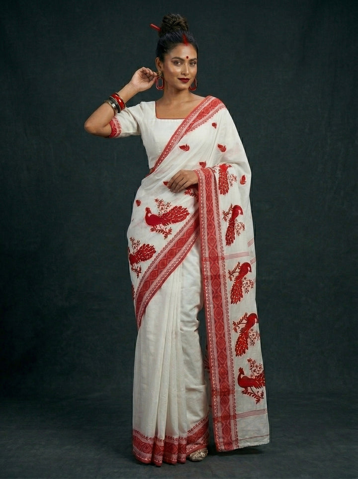 Ashtami Tangail Tant Cotton Saree(Peacock Embroidery)
