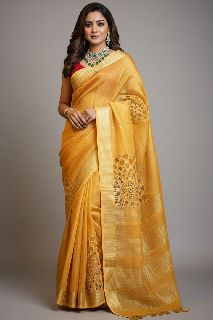Worth Of A Queen's Crown( Pure Tissue Linen Saree) Golden Yellow