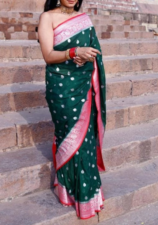 Green Semi Katan Banarasi Saree