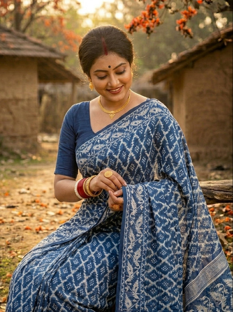 Neel Komol ( নীল কমল )Bengal Jamdani Saree(White & Blue )