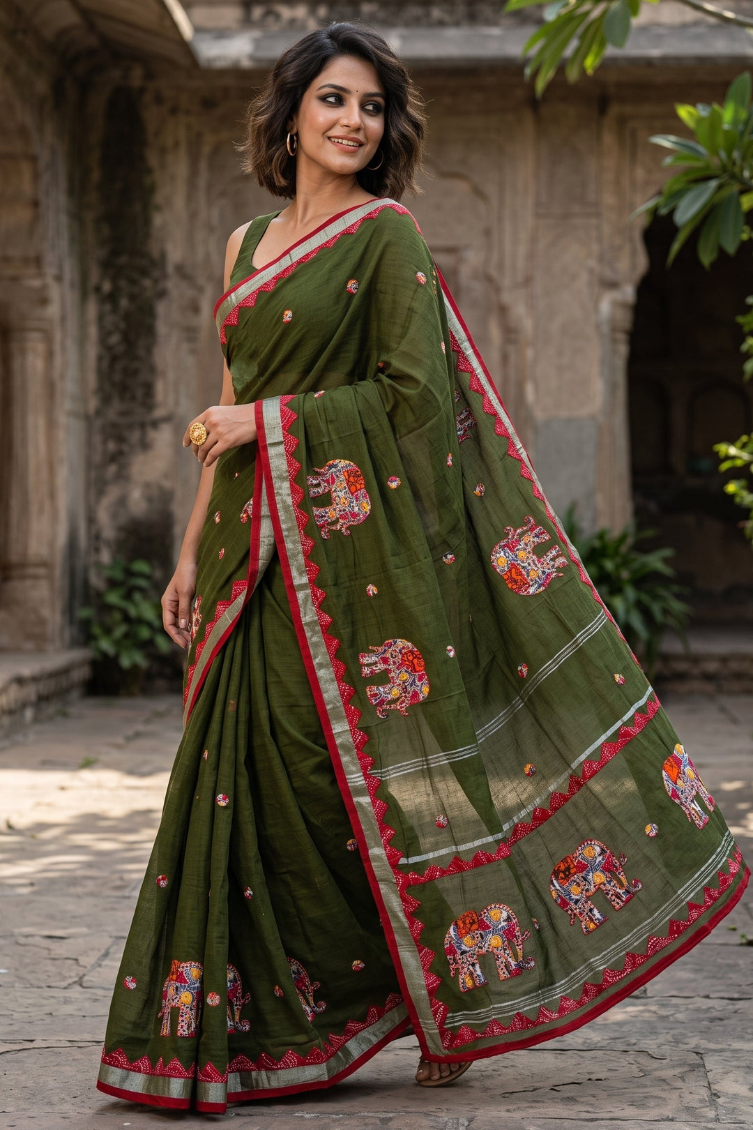 Rajhasti Khadi Linen Appliqué Work Saree