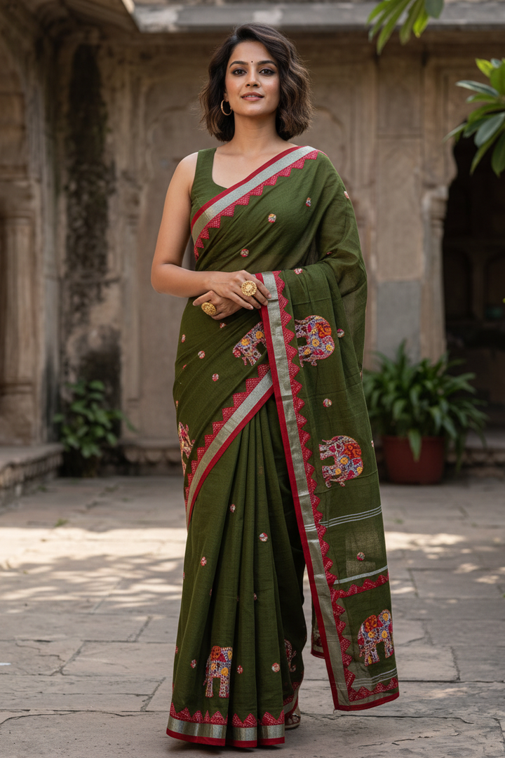 Rajhasti Khadi Linen Appliqué Work Saree