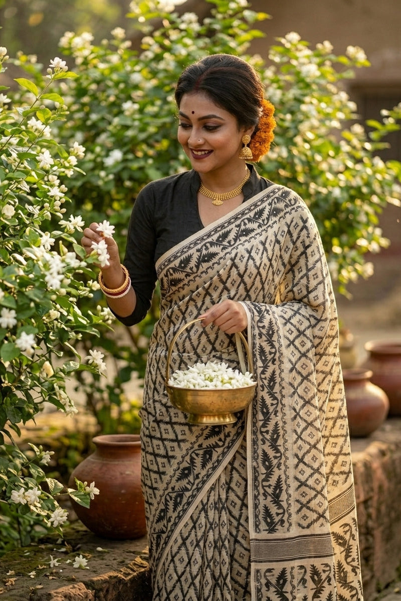 Neel Komol ( নীল কমল )Bengal Jamdani Saree(White & Black )