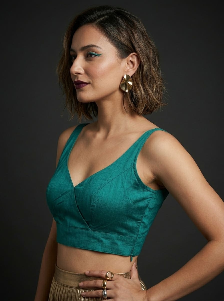 The Teal Overlap Designer Silk Blouse