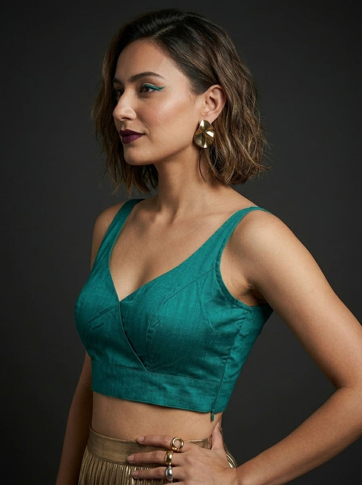 The Teal Overlap Designer Silk Blouse