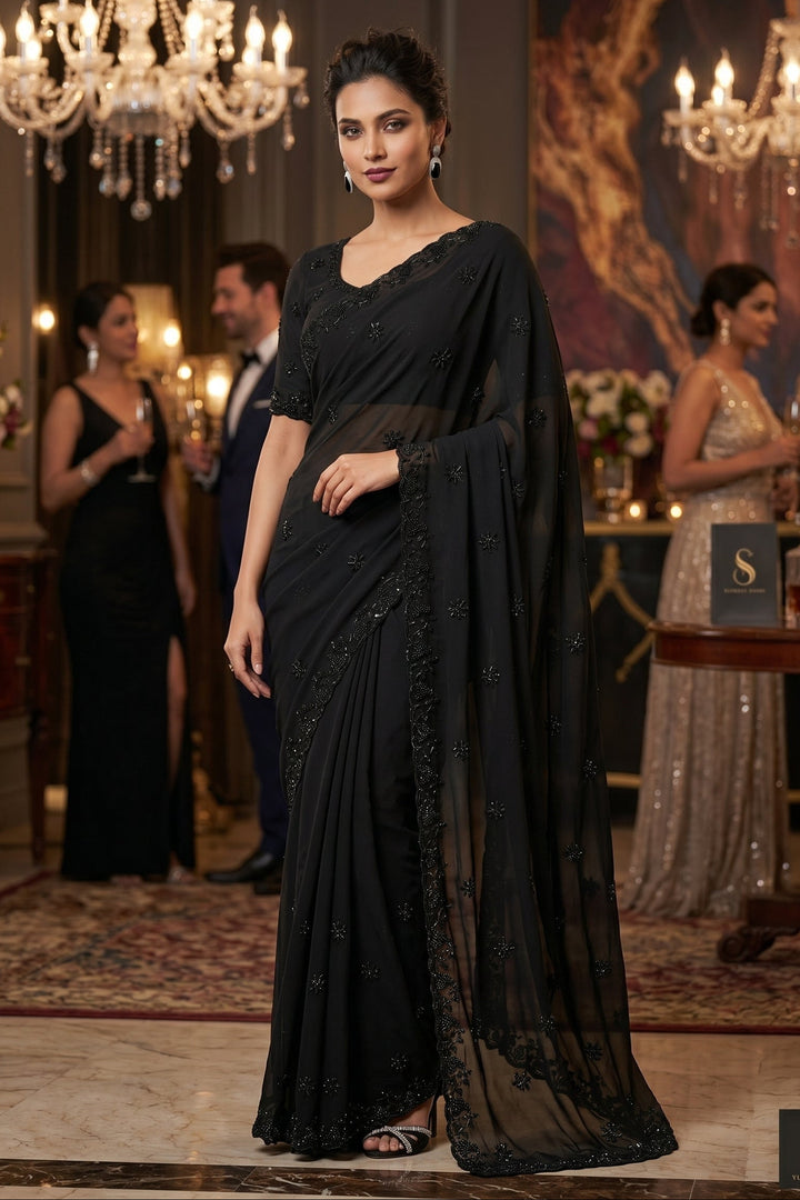 Black Dynasty Georgette Silk Saree