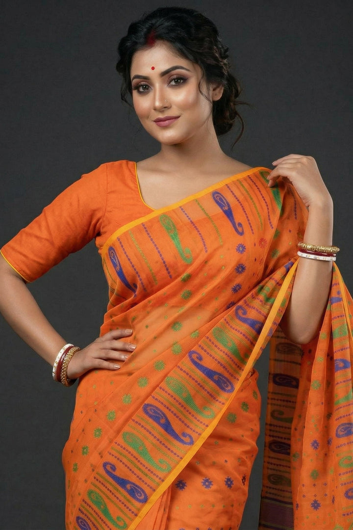 Moner Alo-Bengal Jamdani Saree (Green and Blue Border)