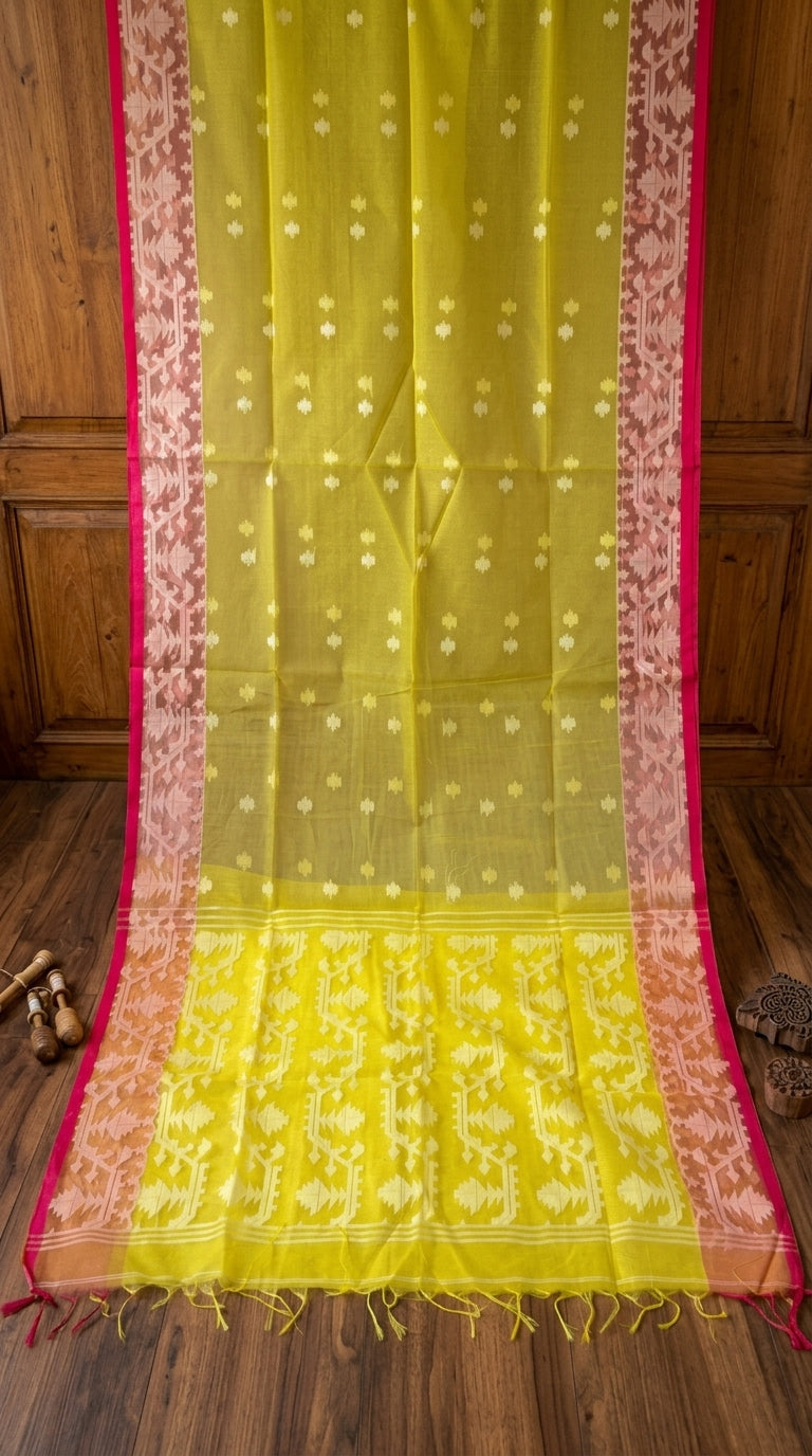Hiyar Majhe Muslin Cotton Saree (Yellow Saree Pink Border)