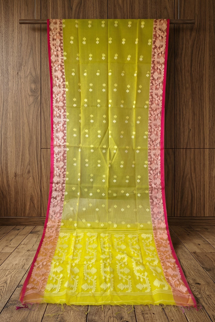 Hiyar Majhe Muslin Cotton Saree (Yellow Saree Pink Border)