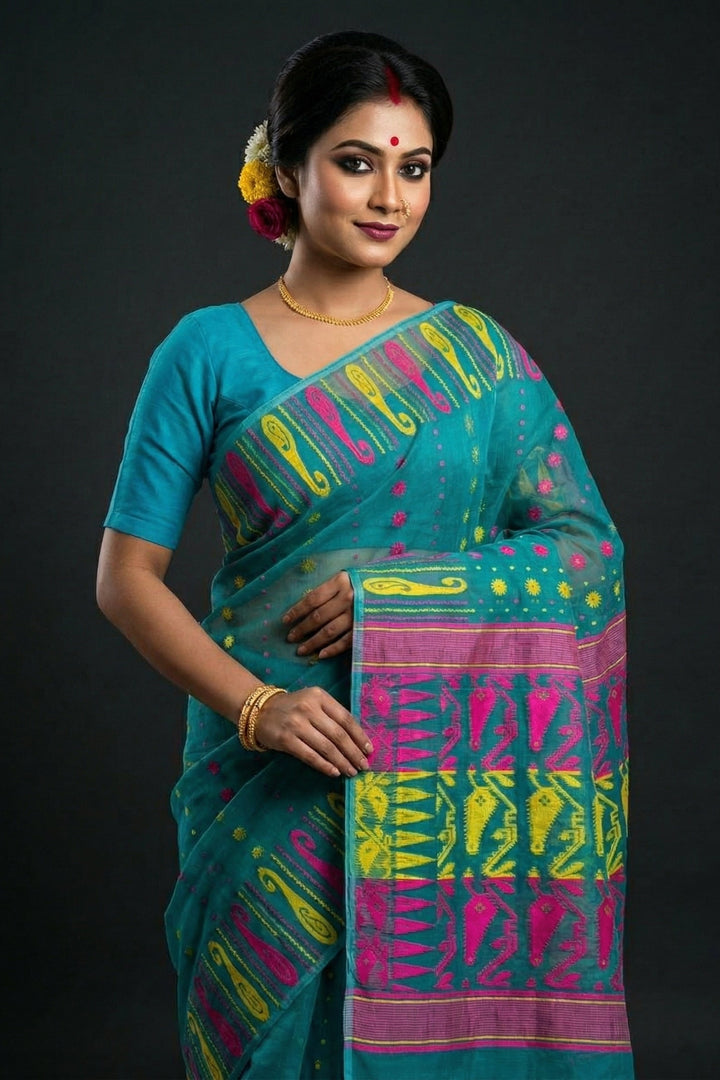 Moner Alo-Bengal Jamdani Saree (Pink Yellow Border)