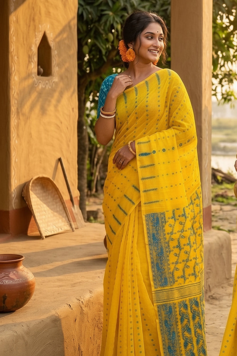 Shatarupa Bengal Jamdani Saree(Yellow And Blue)
