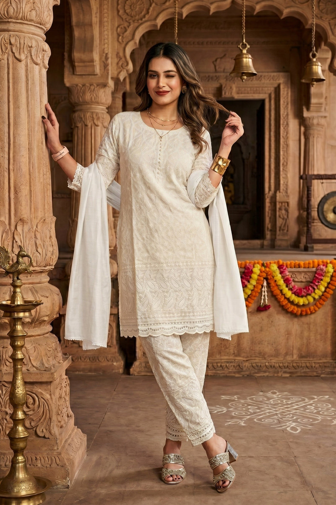 Snow white-Chikankari Kurti set
