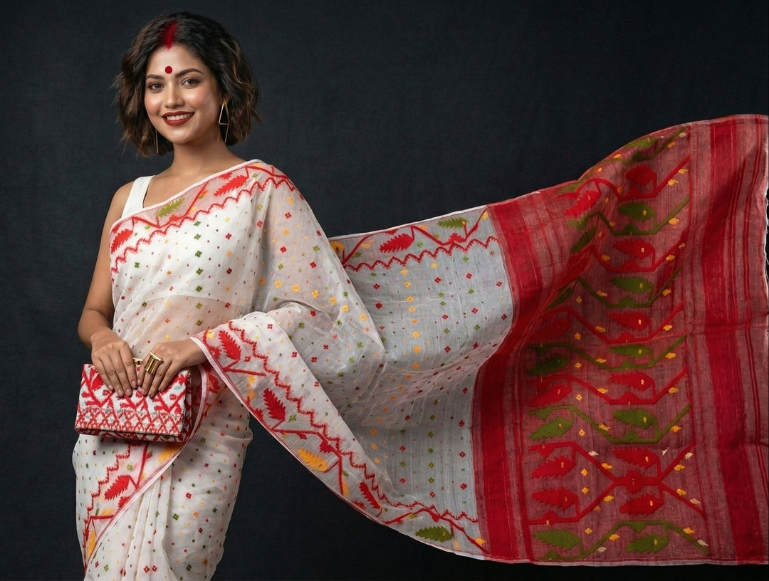 Boisakhi Din-Dhakai Jamdani Saree(Red Yellow Border)