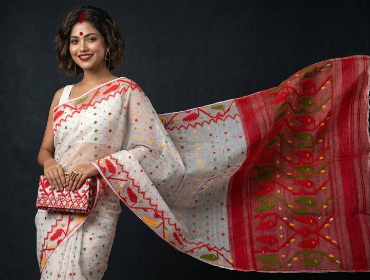 Boisakhi Din-Dhakai Jamdani Saree(Red Yellow Border)