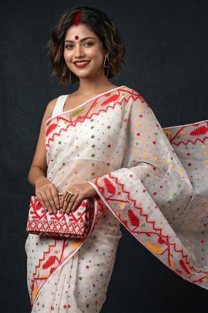 Boisakhi Din-Dhakai Jamdani Saree(Red Yellow Border)