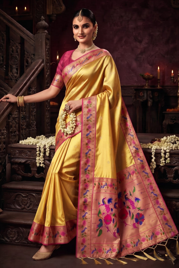Golden Dew-Organza Silk (Semi) Saree with Minakari Zari Border & Designer Zari Pallu