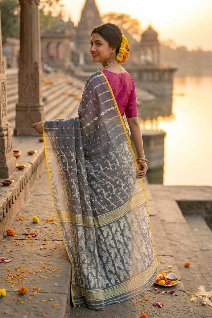 Shatarupa Bengal Jamdani Saree(Yellow-blue)