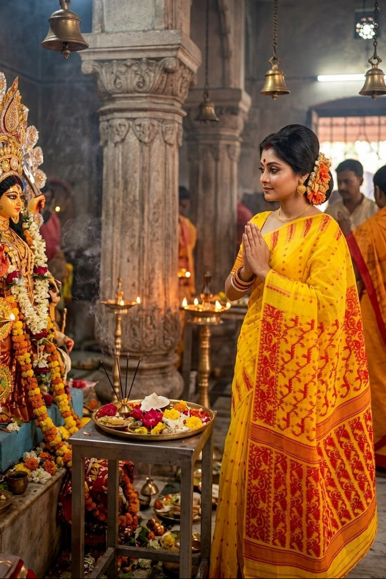 Shatarupa Bengal Jamdani Saree (Red & Yellow)