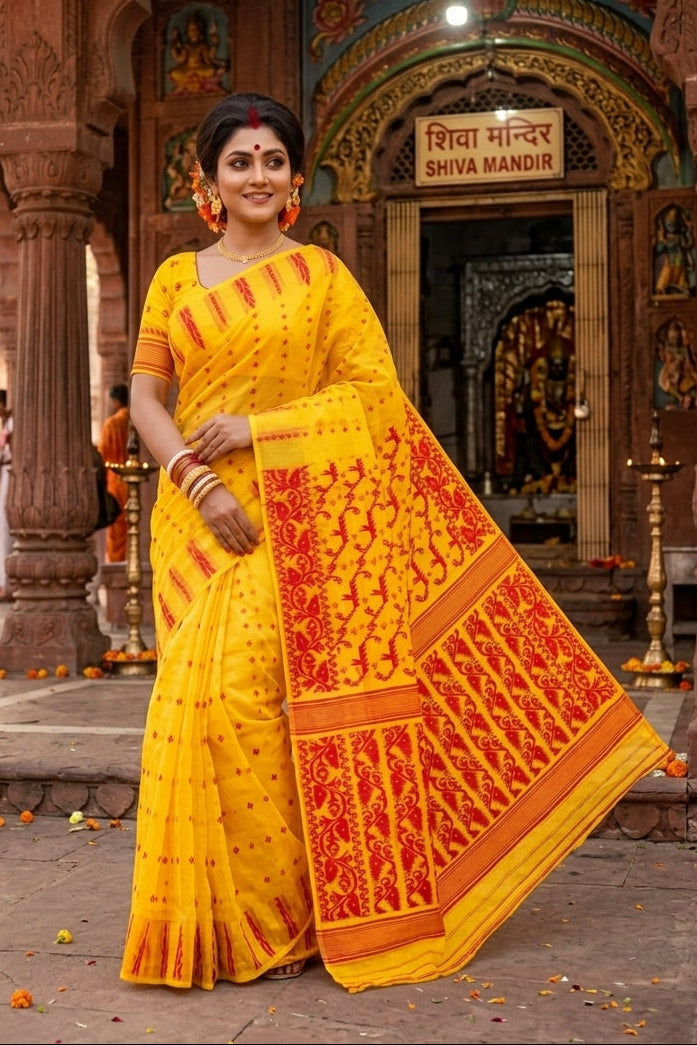Shatarupa Bengal Jamdani Saree (Red & Yellow)