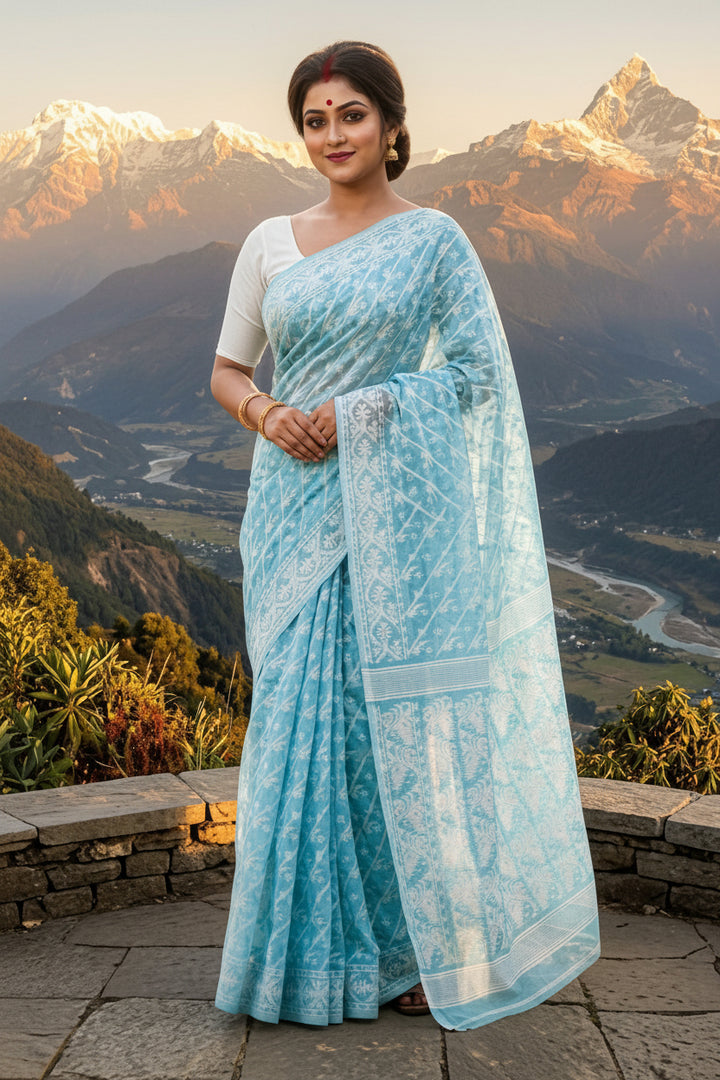 Bangaliyana Jamdani Saree (Light Sky)