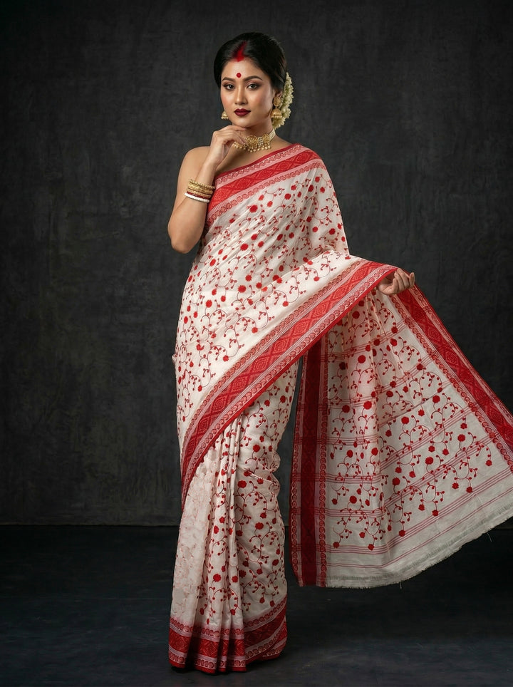Ashtami Tangail Tant Cotton Saree(Floral Embroidery)