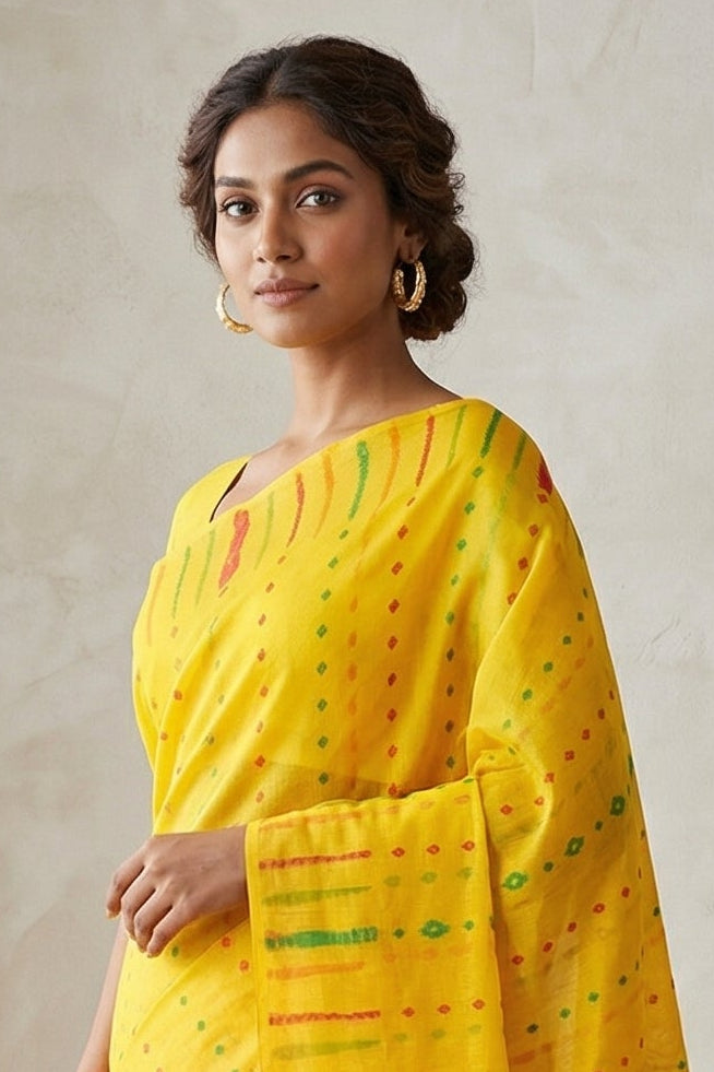 Moner Alo-Bengal Jamdani Saree (Yellow, Red-Green Border)