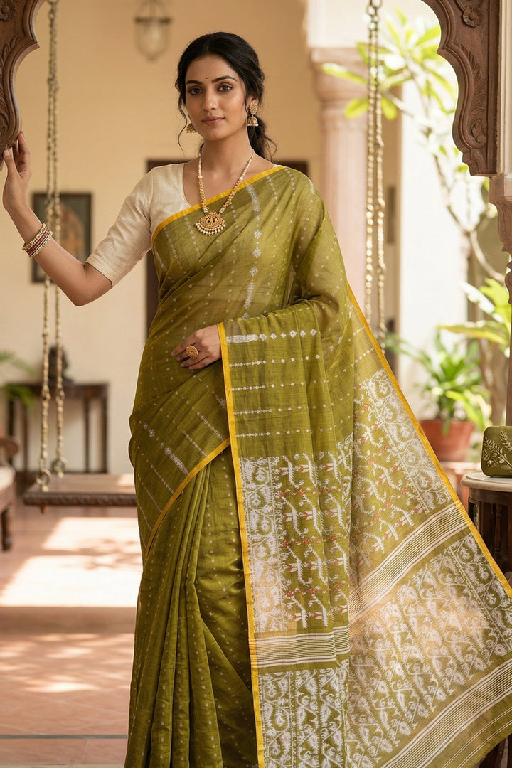 Shatarupa Bengal Jamdani Saree (Olive Green, Yellow Border)